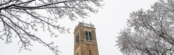 A fresh coat of snow covers trees and the Carillon Tower at the University of Wisconsin-Madison during winter on Jan. 25, 2017. (Photo by Bryce Richter / UW-Madison)