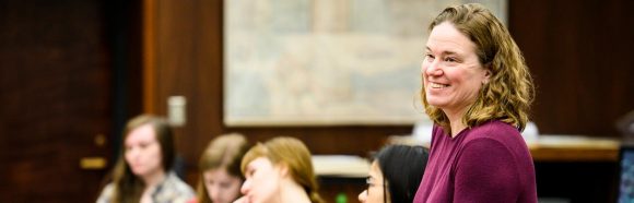 Anna Andrzejewski, professor of art history at the University of Wisconsin-Madison, talks with students in her Art History 364: History of American Art course during a class field trip to the Wisconsin Historical Society Archives on March 8, 2019. Andrzejewski is a recipient of a 2019 Distinguished Teaching Award.