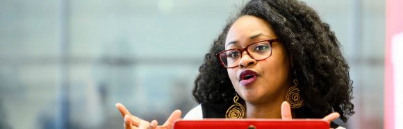 Bianca Baldridge, assistant professor in education policy studies at the University of Wisconsin-Madison, talks with graduate students during a meeting in the Education Building on Feb. 18, 2019. Baldridge is a recipient of a 2019 Distinguished Teaching Award.