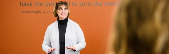 Lisa Bratzke, assistant professor of nursing at the University of Wisconsin-Madison, talks with students during her Nursing 679: Honors Research Seminar in Signe Skott Cooper Hall on Feb. 27, 2019. Bratzke is the recipient of a 2019 Distinguished Teaching Award.