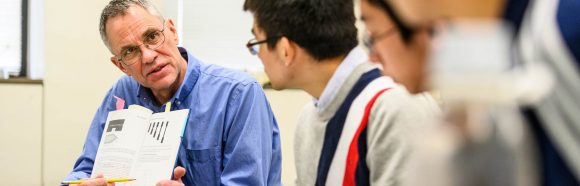 Mark Ediger, professor of chemistry at the University of Wisconsin-Madison, talks with students during his Chem 664: Physical Chemistry of Macromolecules course in the Chemistry Building on March 1, 2019. Ediger is the recipient of a 2019 Distinguished Teaching Award.