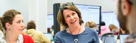 Kim Lord-Plummer, senior lecturer in the School of Veterinary Medicine at the University of Wisconsin-Madison, talks with students during a neurological review and case study exercise held in the RENK active learning classroom in the Veterinary Medicine Building on April 2, 2019. Lord-Plummer is a recipient of a 2019 Academic Staff Excellence Award.