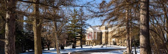 Freshly-fallen snow covers the ground near Bascom Hall and Bascom Hill at the University of Wisconsin-Madison during winter on March 14, 2017.