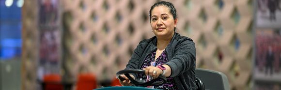 Maribel Ibarra Marin, floor technician with UW Physical Plant Services, operates a ride-on floor scrubber in Engineering Hall at the University of Wisconsin-Madison on June 4, 2025. Ibarra Marin is one of ten recipients of the 2025 University Staff Recognition Award (USRA).